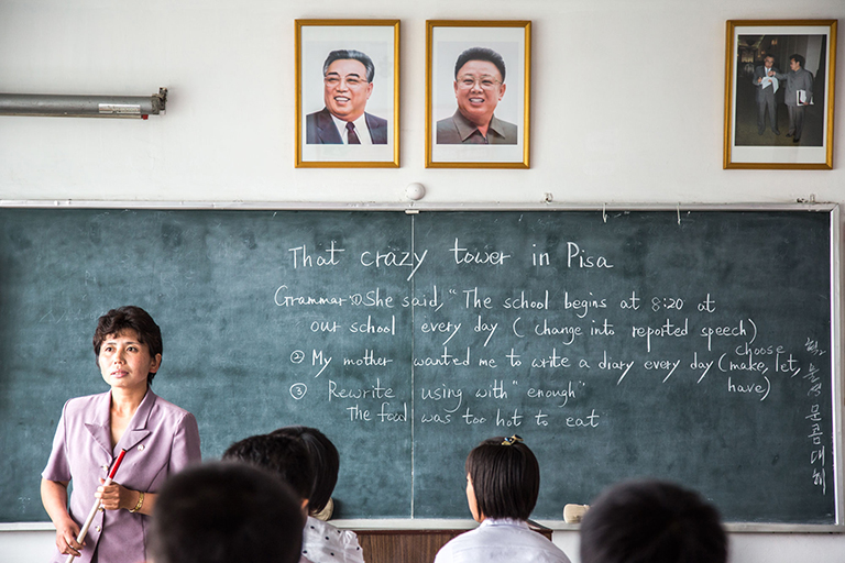 Supposedly a English class already in session at the Kim Jong-suk High School in Pyongsong. A British tourist, who was also there and happened to be—no joke—an English teacher, was stumped by the lesson on the board. A closer look at what was written reveals why.